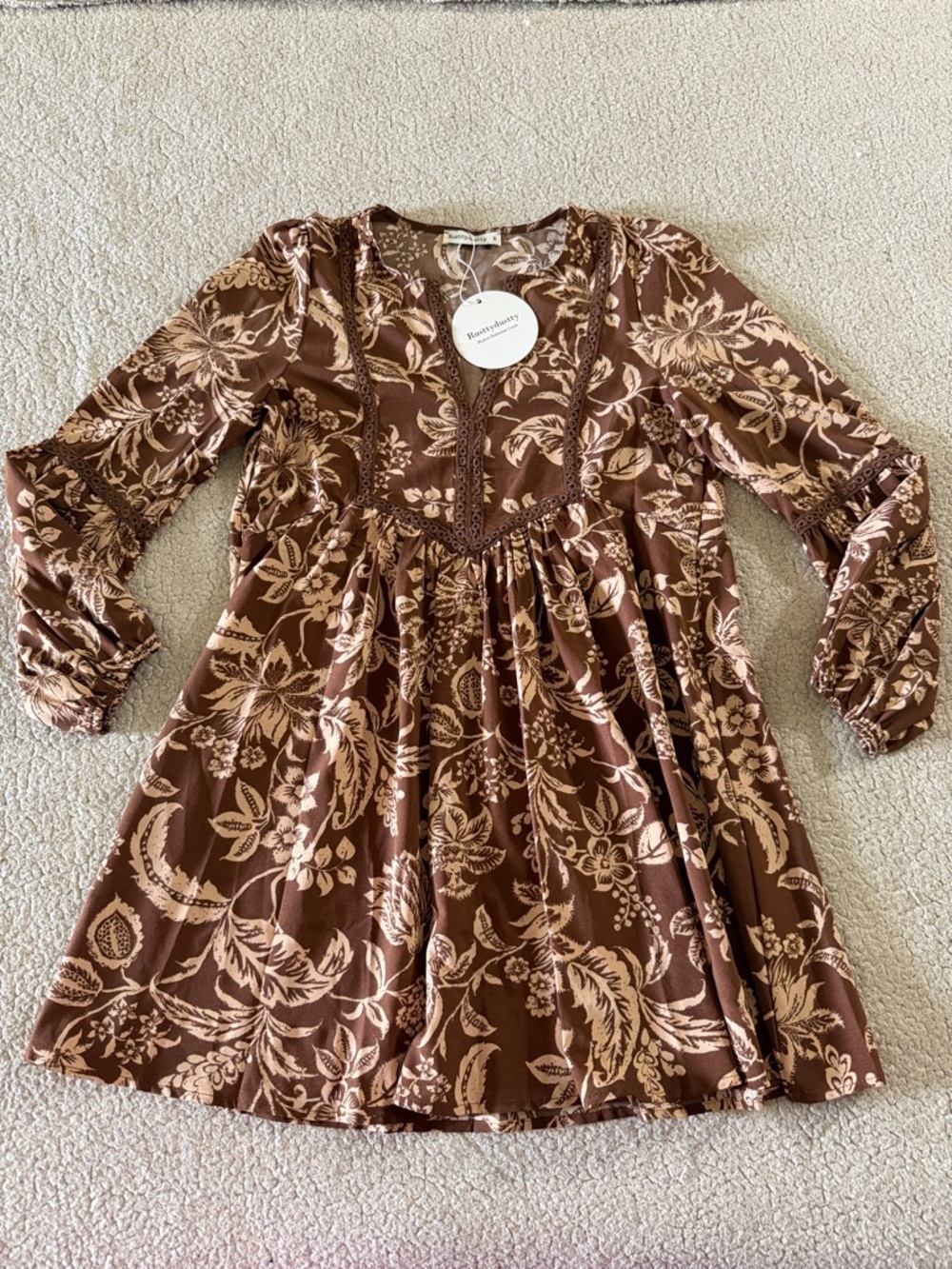 Rusttydustty Bohemian Brown Floral Mini Dress with Cream Botanical Print Small